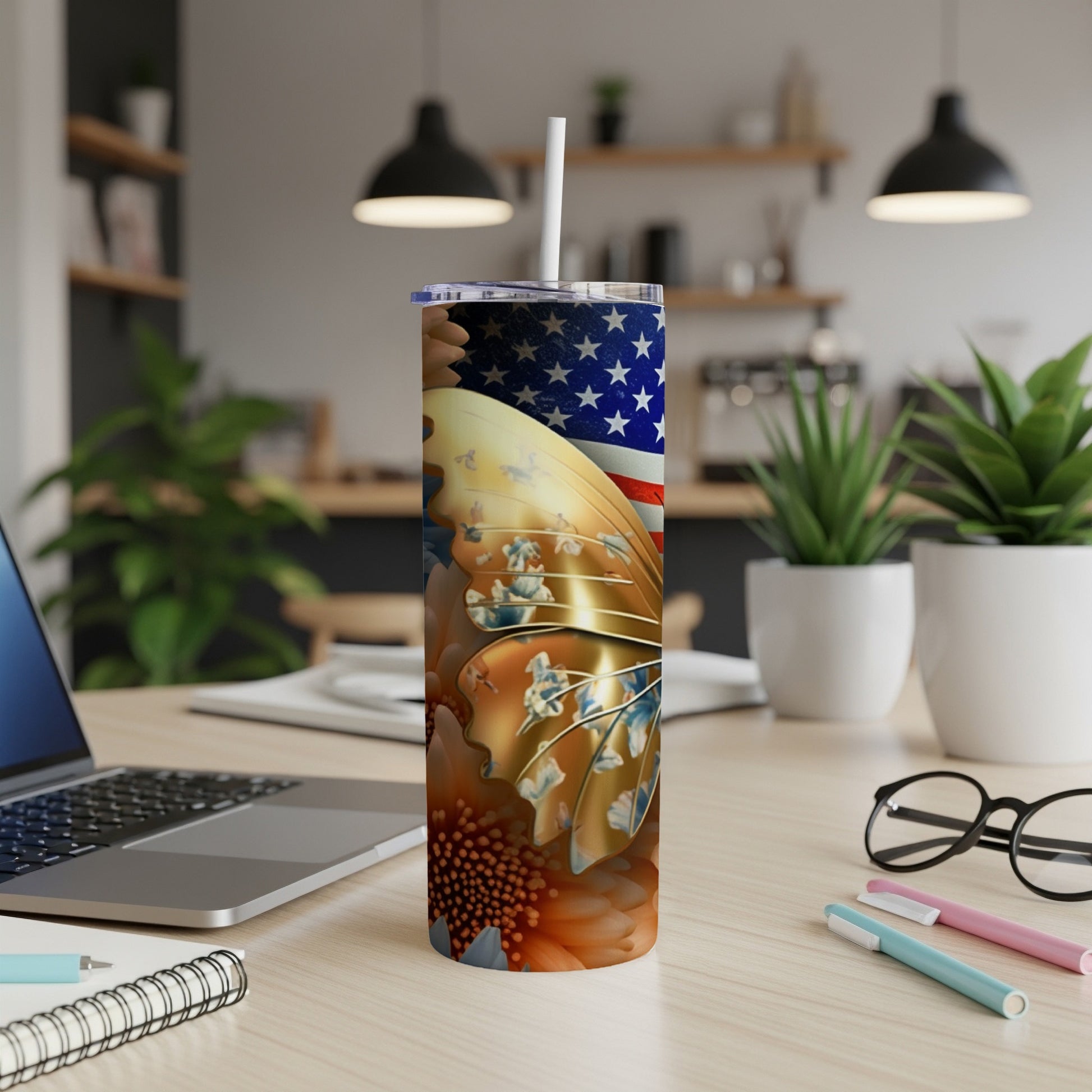 Tall tumbler with American flag and sunflower butterfly design.