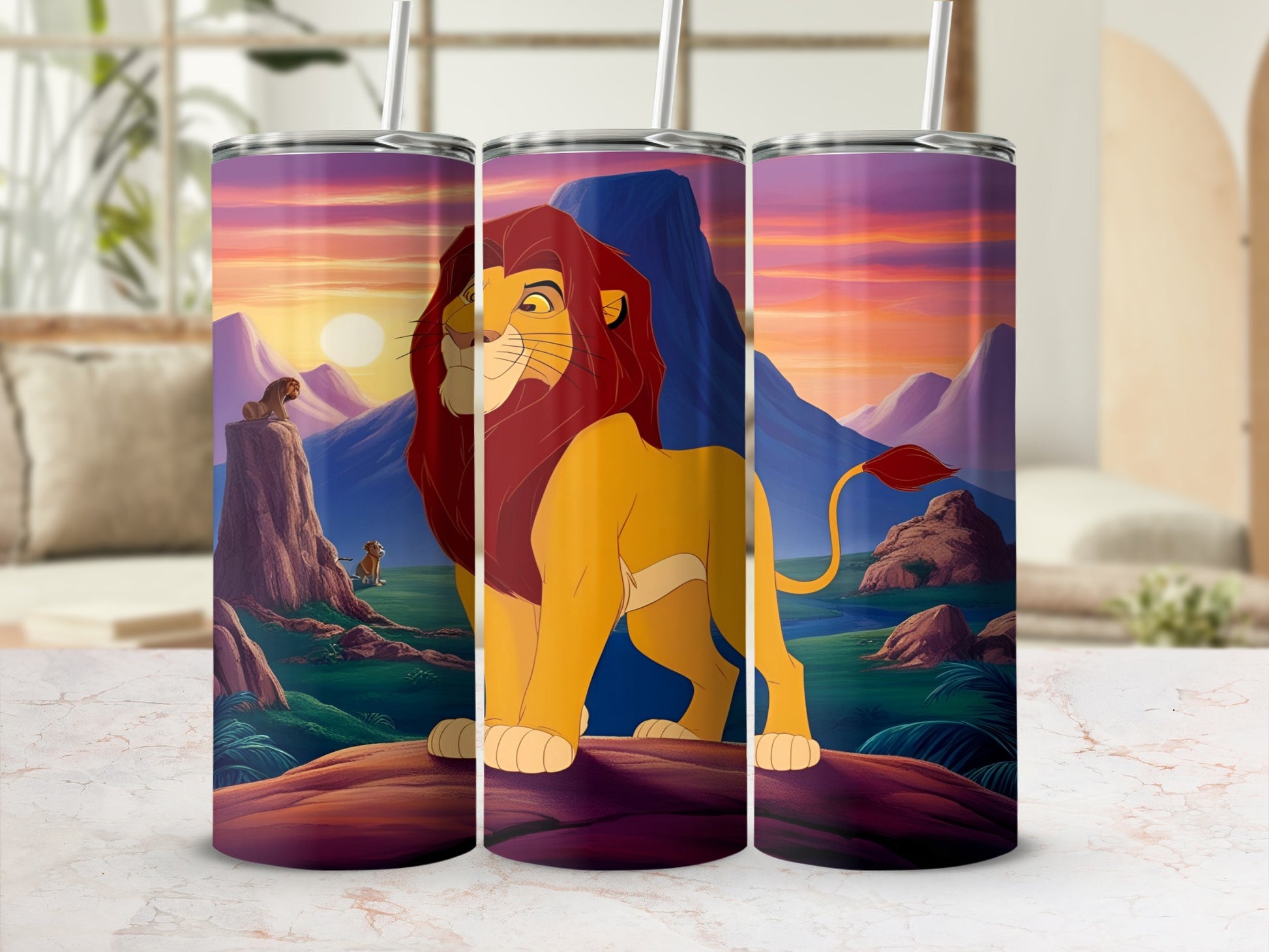 Lion cub and adult lion in Pride Rock landscape with colorful sunset.
