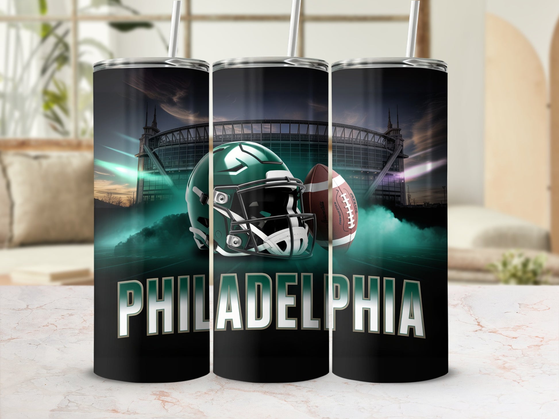 Philadelphia Eagles football helmet and ball on stadium background tumbler.