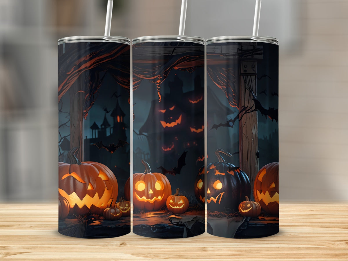 Tumblers with a Halloween scene featuring jack-o'-lanterns and bats.