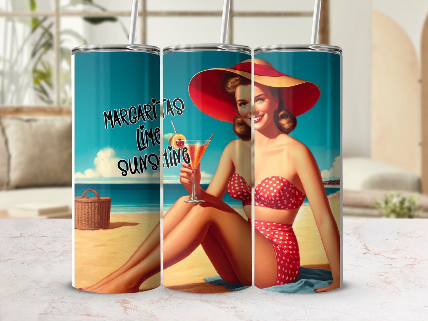 Pin-up girl in swimsuit with drink on beach, "Margaritas and Sunsets" text.