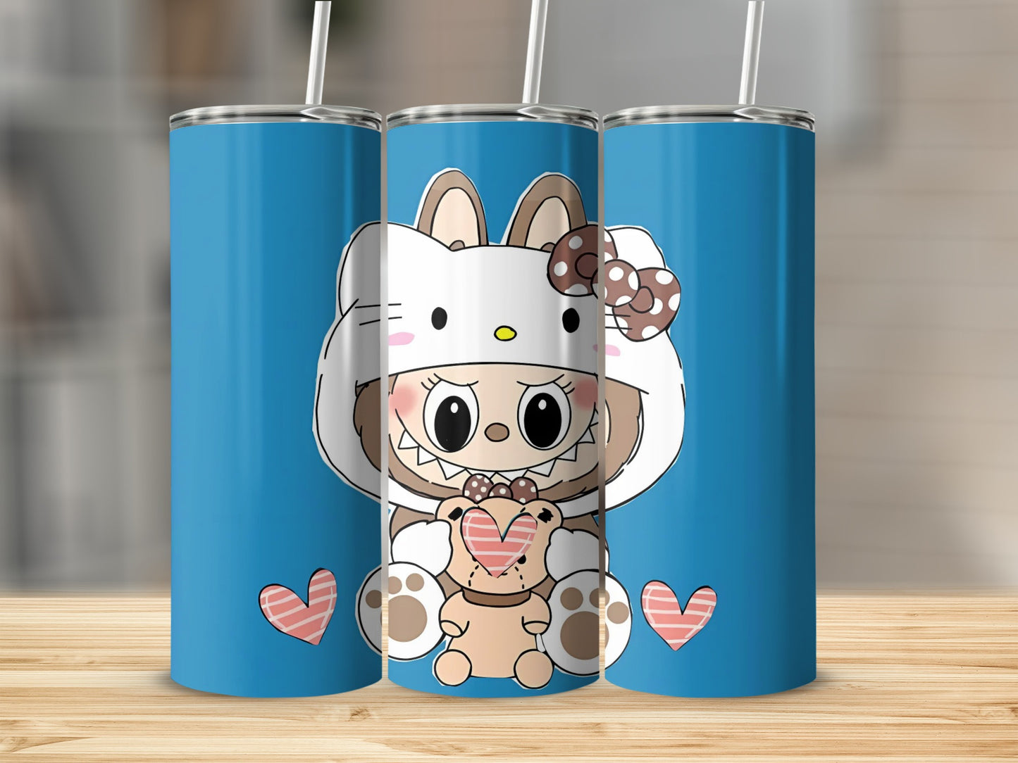 Cute Cartoon Animal Blue Tumbler with Hearts Design