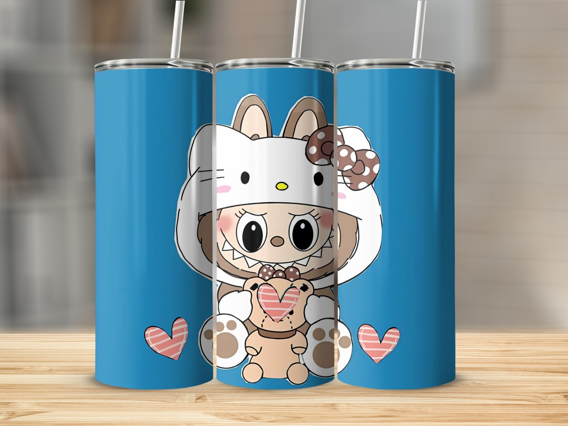 Cute Cartoon Animal Blue Tumbler with Hearts Design