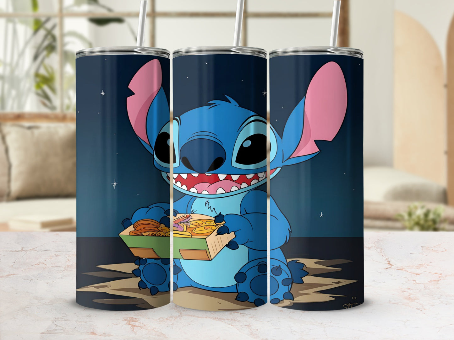 Blue alien Stitch holding a box of pizza, sitting on the floor.