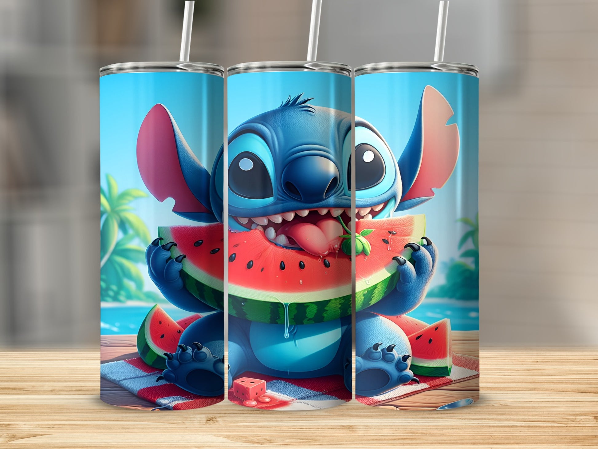 Stitch character eating watermelon on a tropical beach.