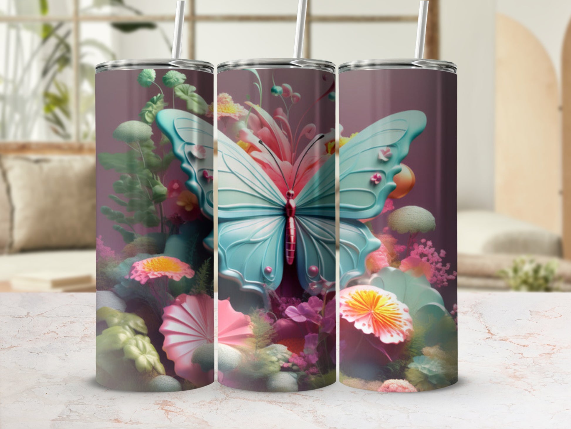Light blue butterfly and floral design on three tumblers.
