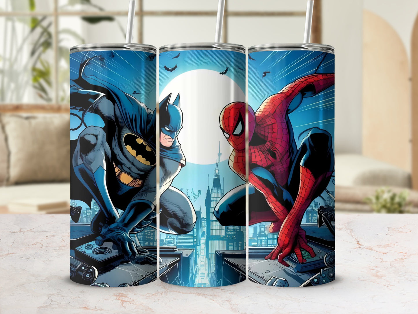 Batman and Spiderman Artwork Travel Tumbler