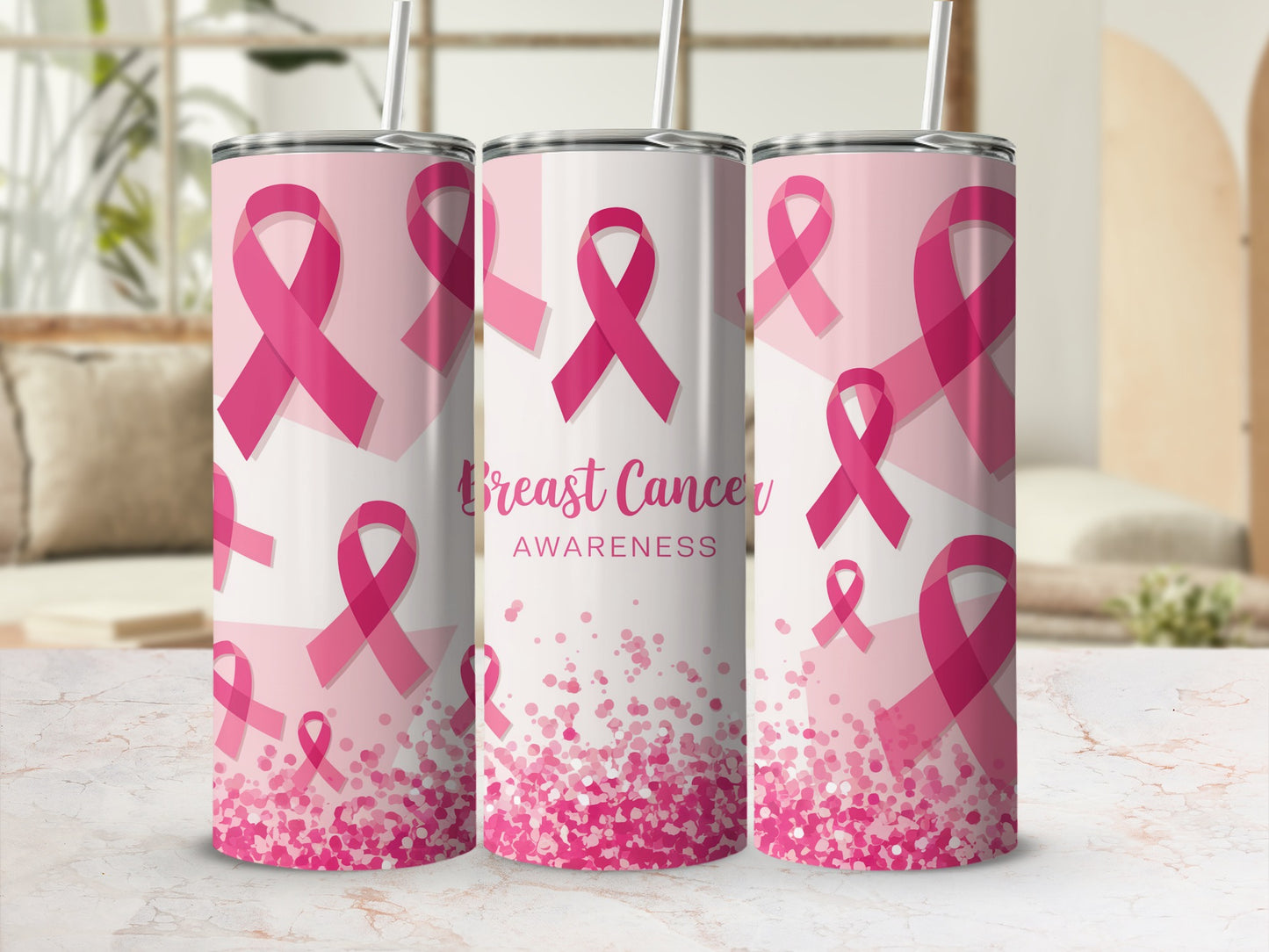 Pink breast cancer awareness ribbon tumbler with confetti.