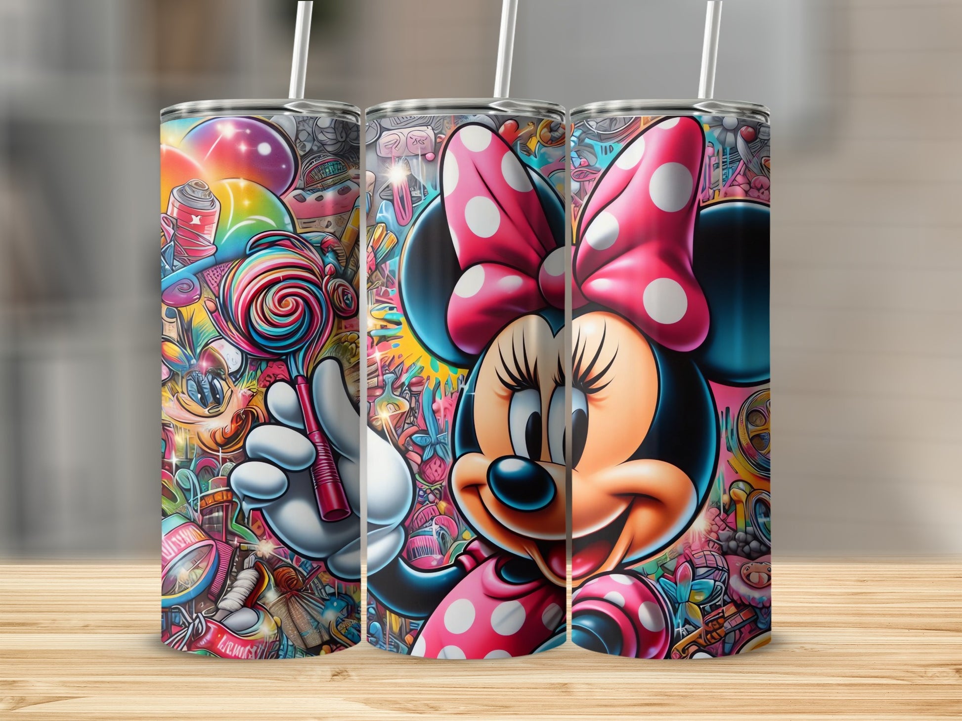 Colorful Minnie Mouse Tumbler with Straw Design