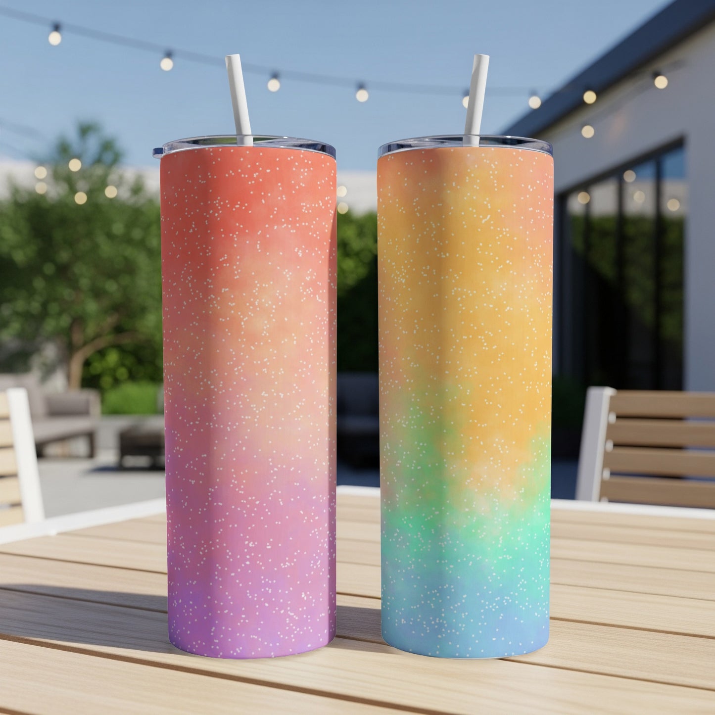 Two colorful tumblers with white speckles and straws on a wooden table.
