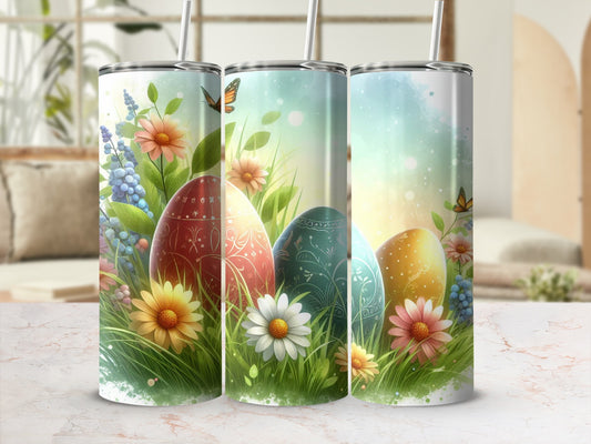 Three decorated Easter eggs with butterflies and flowers on a blurred background.