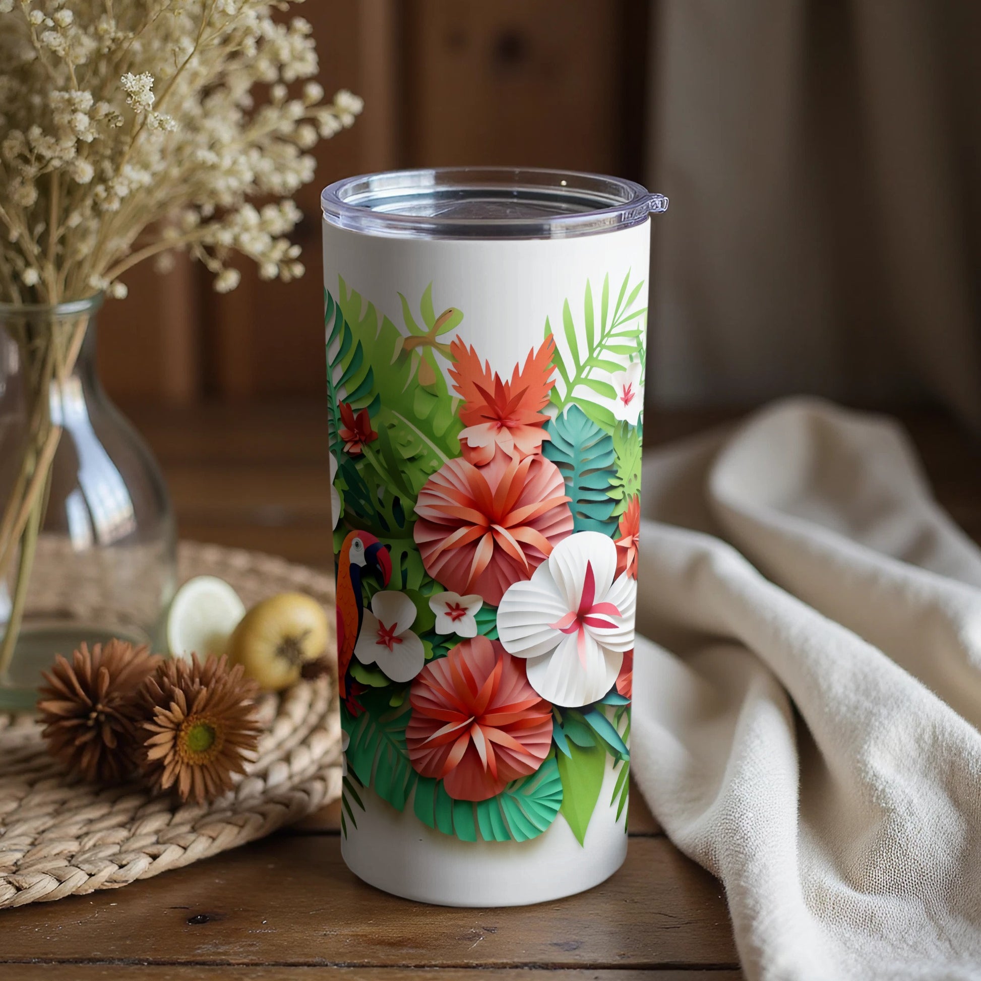Tropical Floral and Parrot Design Insulated Tumbler