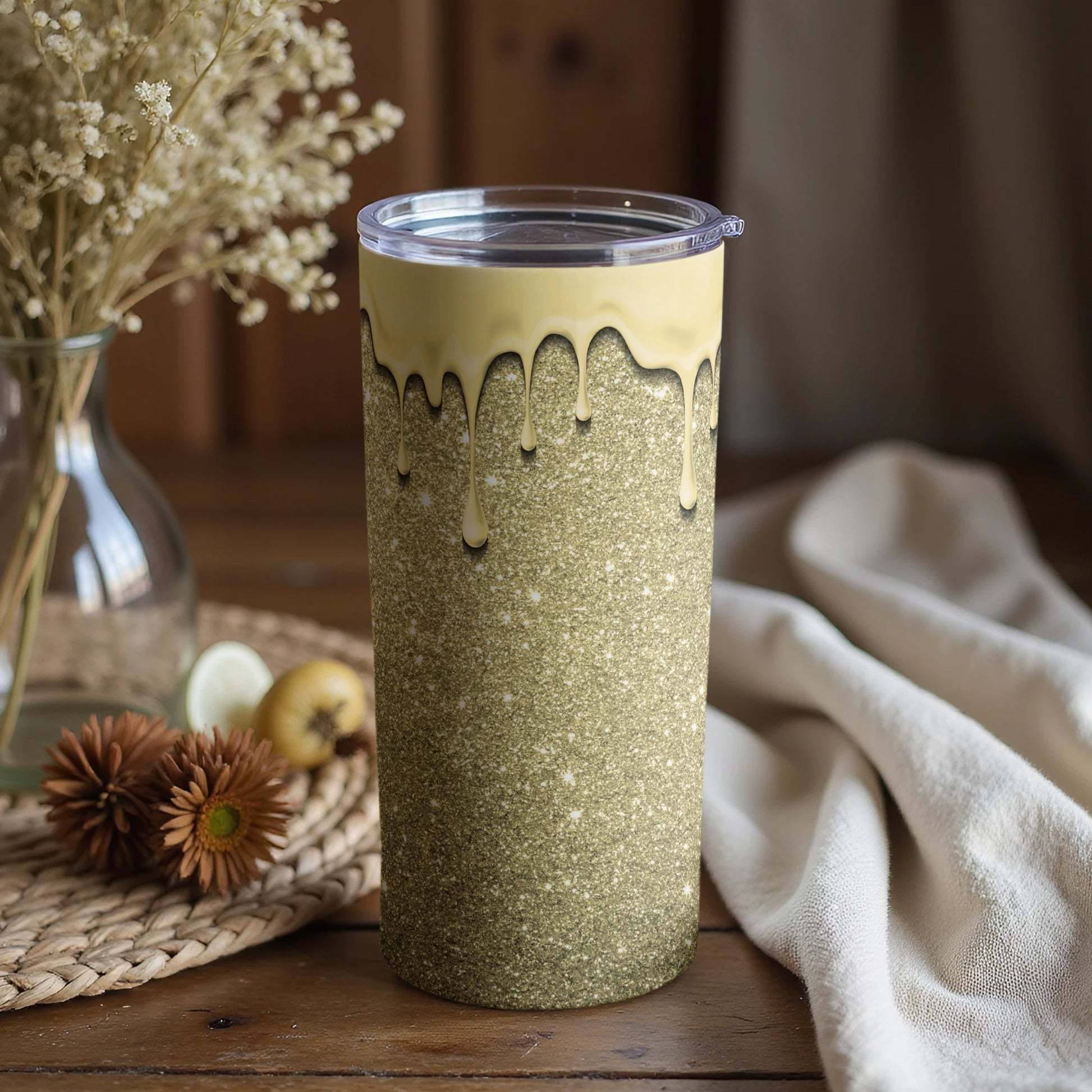 Glittery Gold and Cream Drip Design Tumbler Product