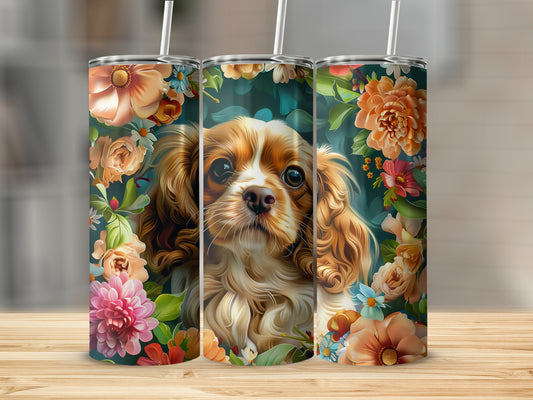 Three tumblers featuring a Cavalier King Charles Spaniel portrait surrounded by flowers.