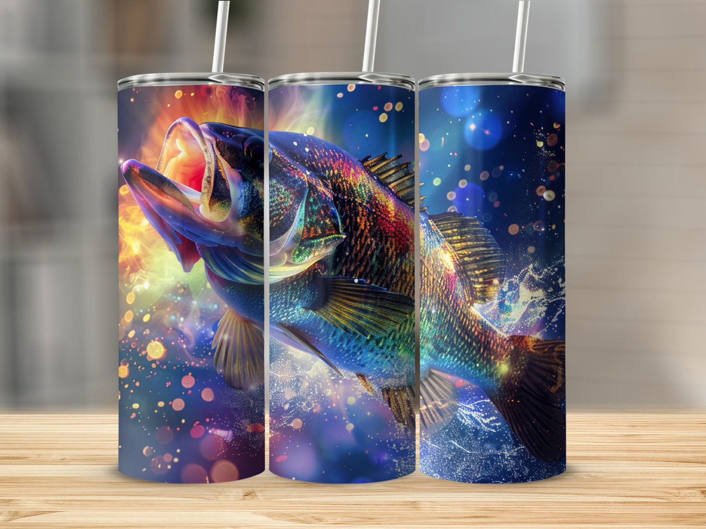 Three tumblers featuring a colorful bass fish jumping out of water.