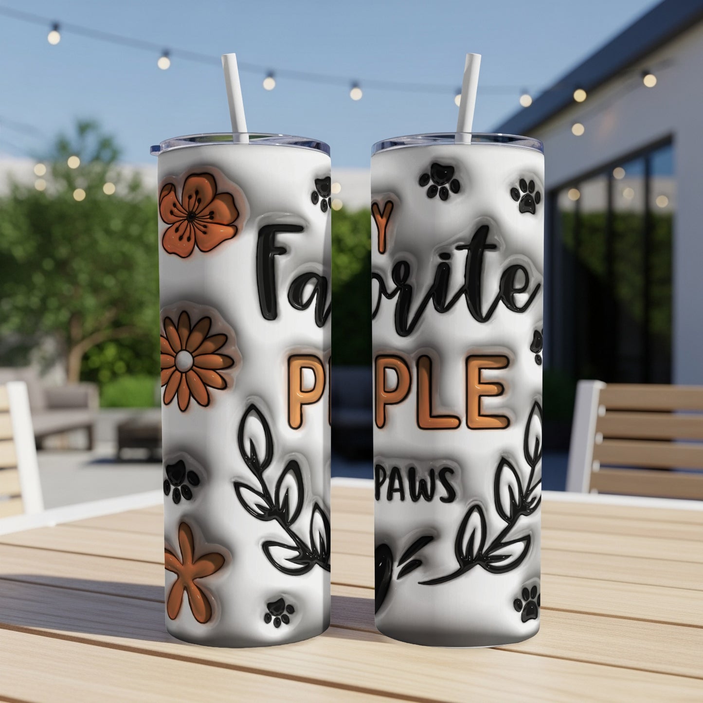 Two tumblers with "My Favorite People Paw Prints" text and floral design.