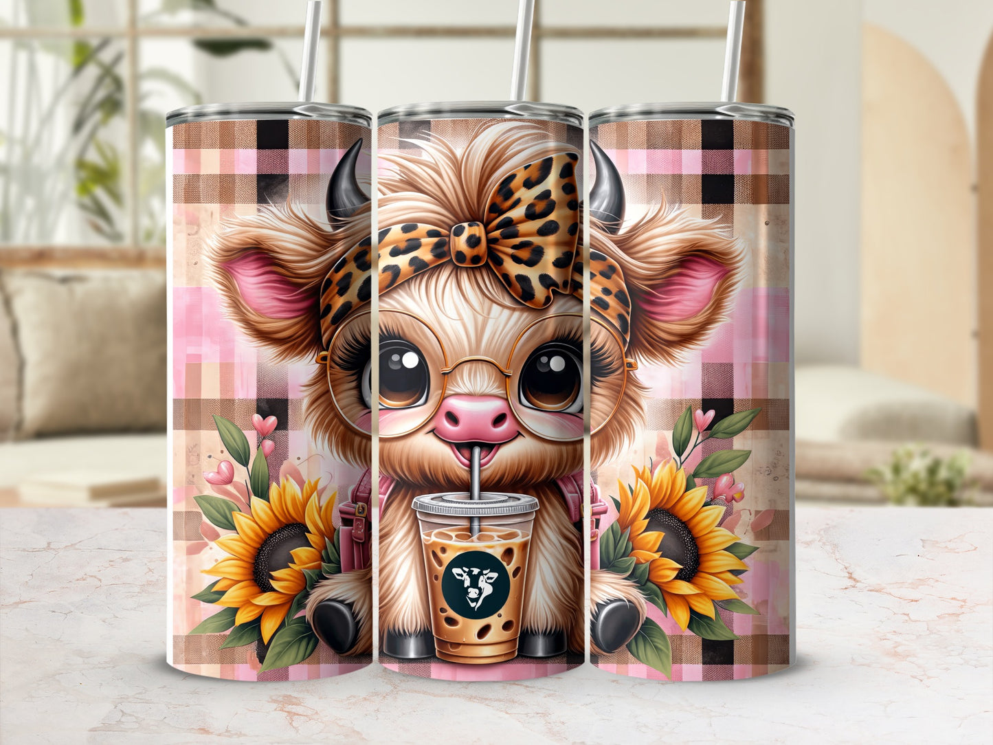 Cute cow tumbler with sunflowers and plaid pattern.