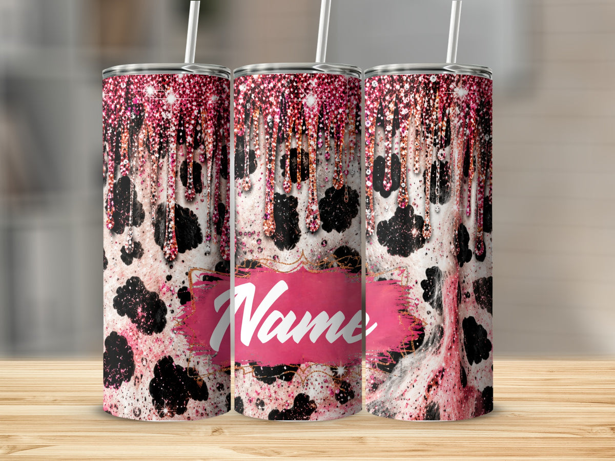 Three tumblers with cow print, pink glitter drips, and a "Name" placeholder.