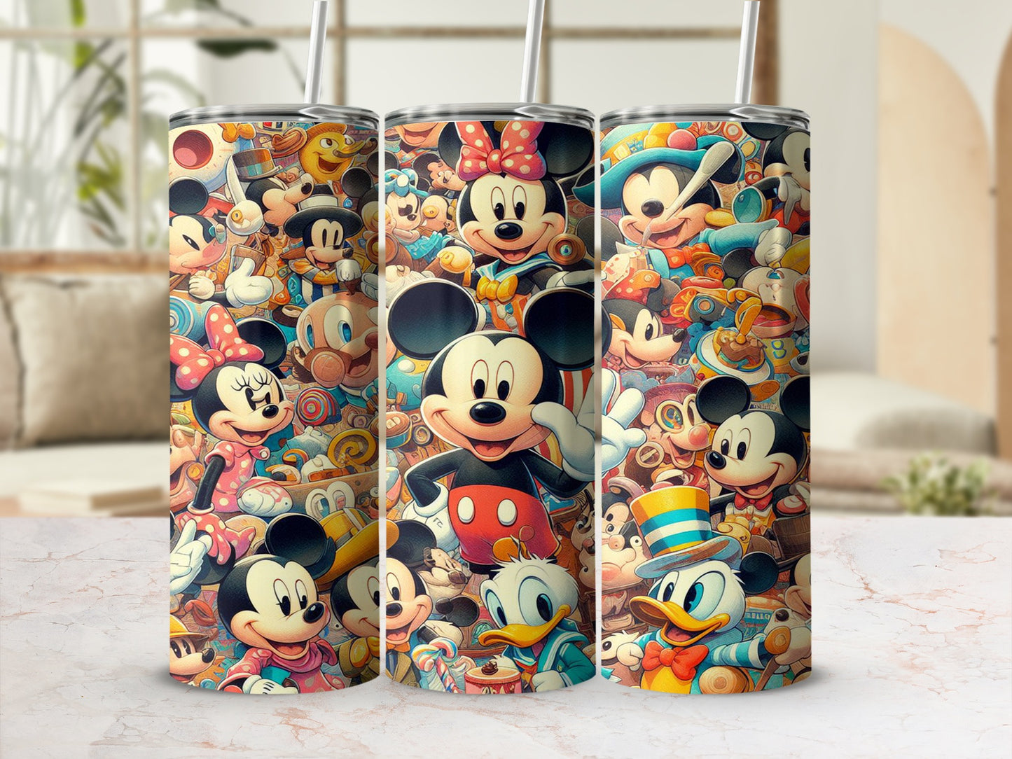 Mickey Mouse and friends tumbler with colorful cartoon characters and patterns.