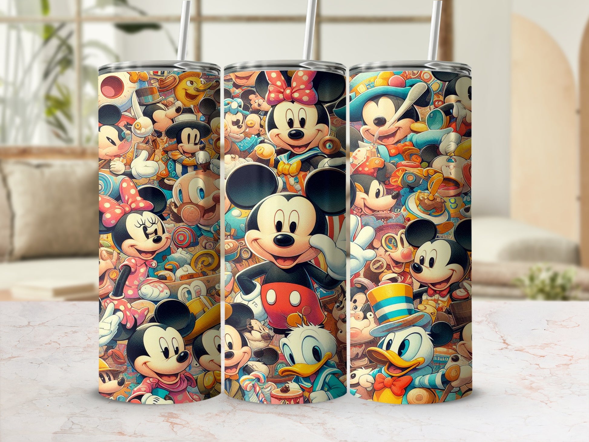 Mickey Mouse and friends tumbler with colorful cartoon characters and patterns.