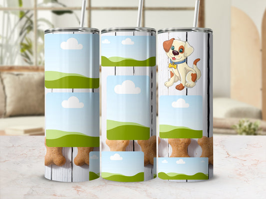 Tumblers with cartoon puppy and bone biscuit designs and customizable photo frames.