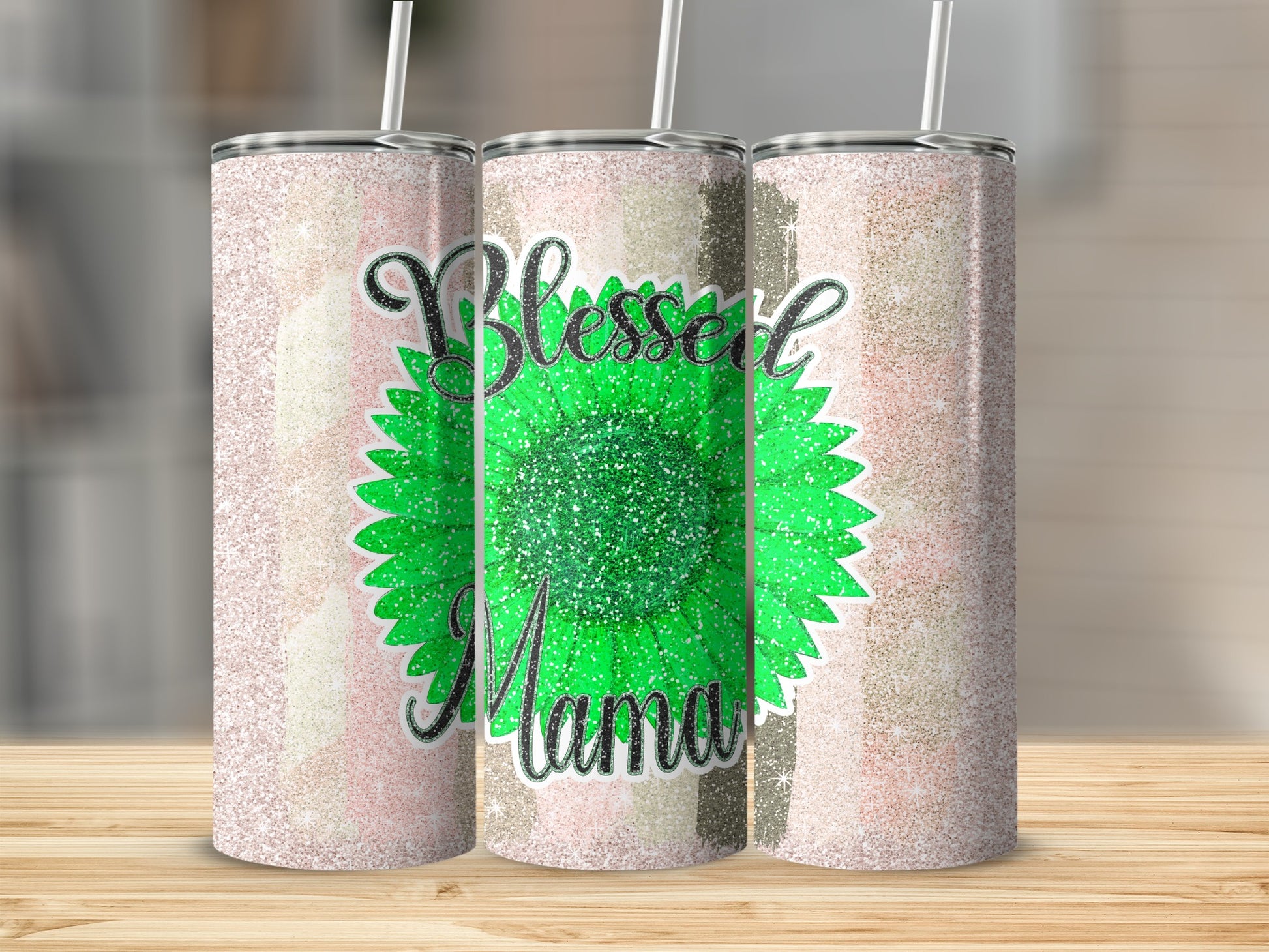 Blessed Mama Glitter Green Sunflower Tumbler Cup