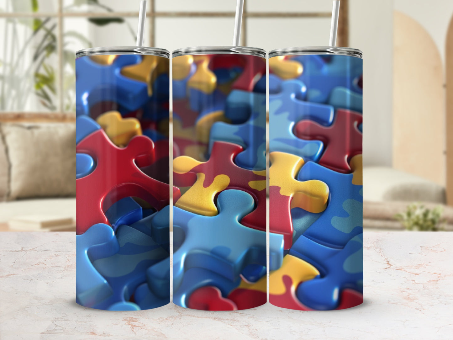 Three tumblers with a colorful, abstract puzzle piece design.