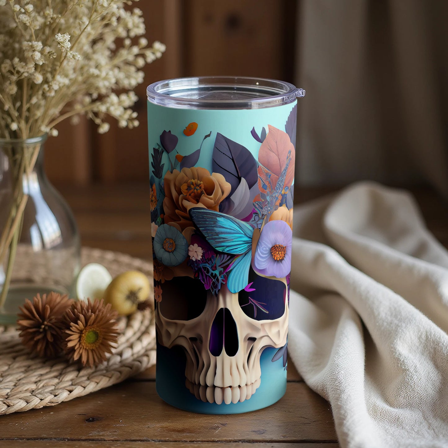 Colorful Skull with Flowers and Butterfly Tumbler