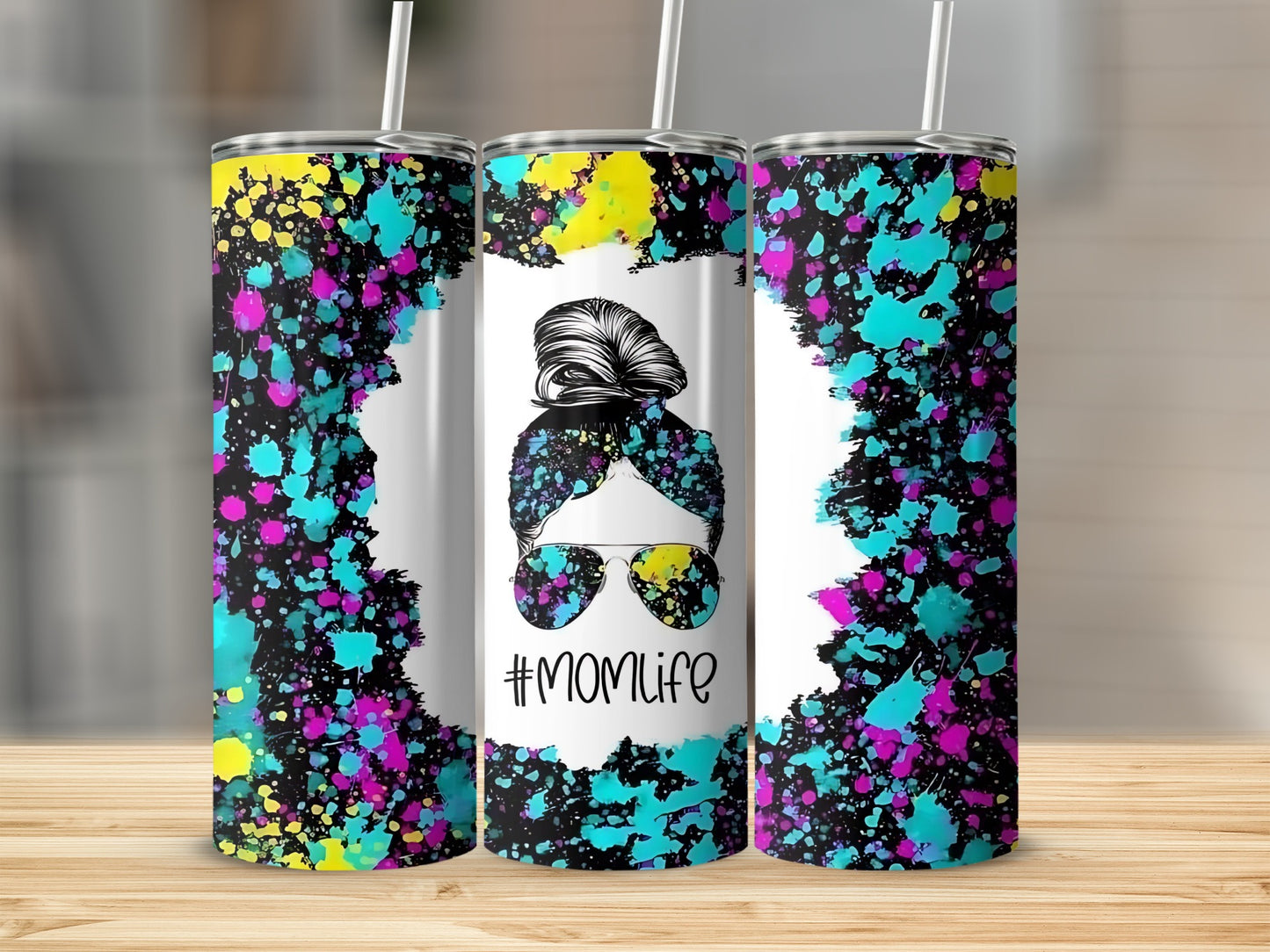 Colorful Splatter #MomLife Skinny Tumbler with Straw