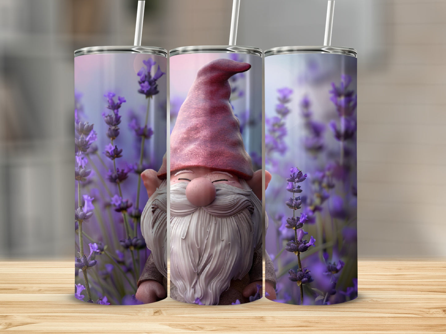 Gnome and lavender flowers adorn a tumbler on a wooden surface.