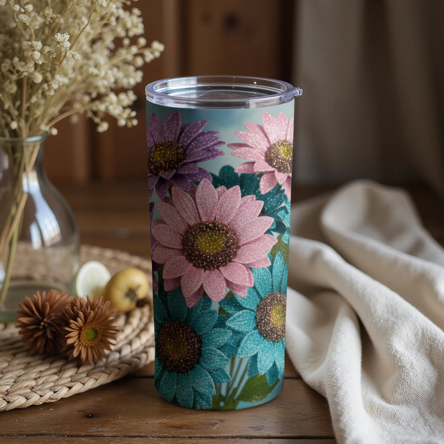 Glitter Sunflower Design Insulated Tumbler