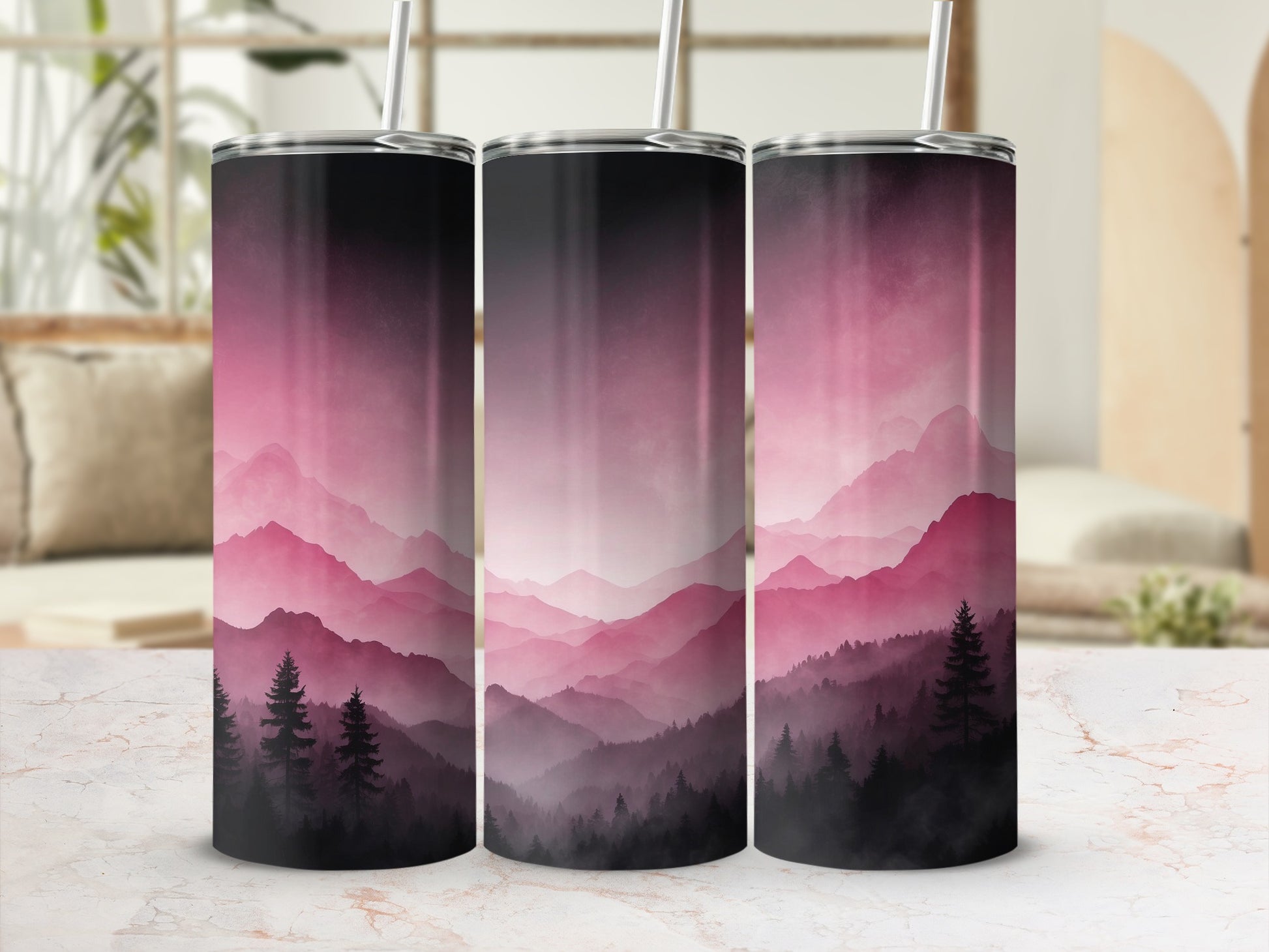 Three tumblers with a pink and black mountainous landscape design.