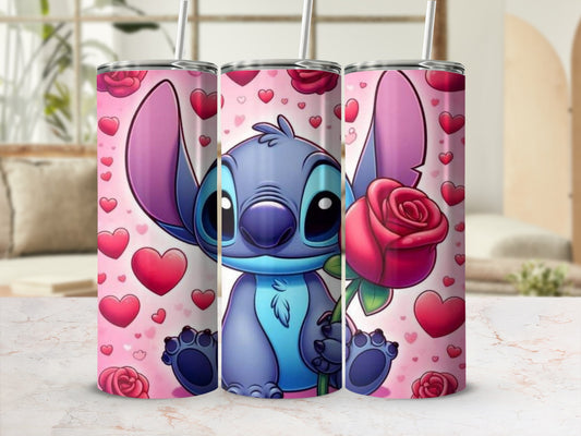 Cute Alien Holding Rose with Hearts Tumbler Cup