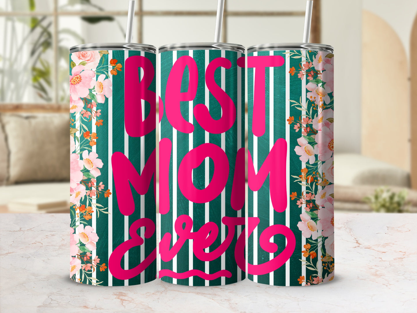 Best Mom Ever Floral Striped Tumbler Cup