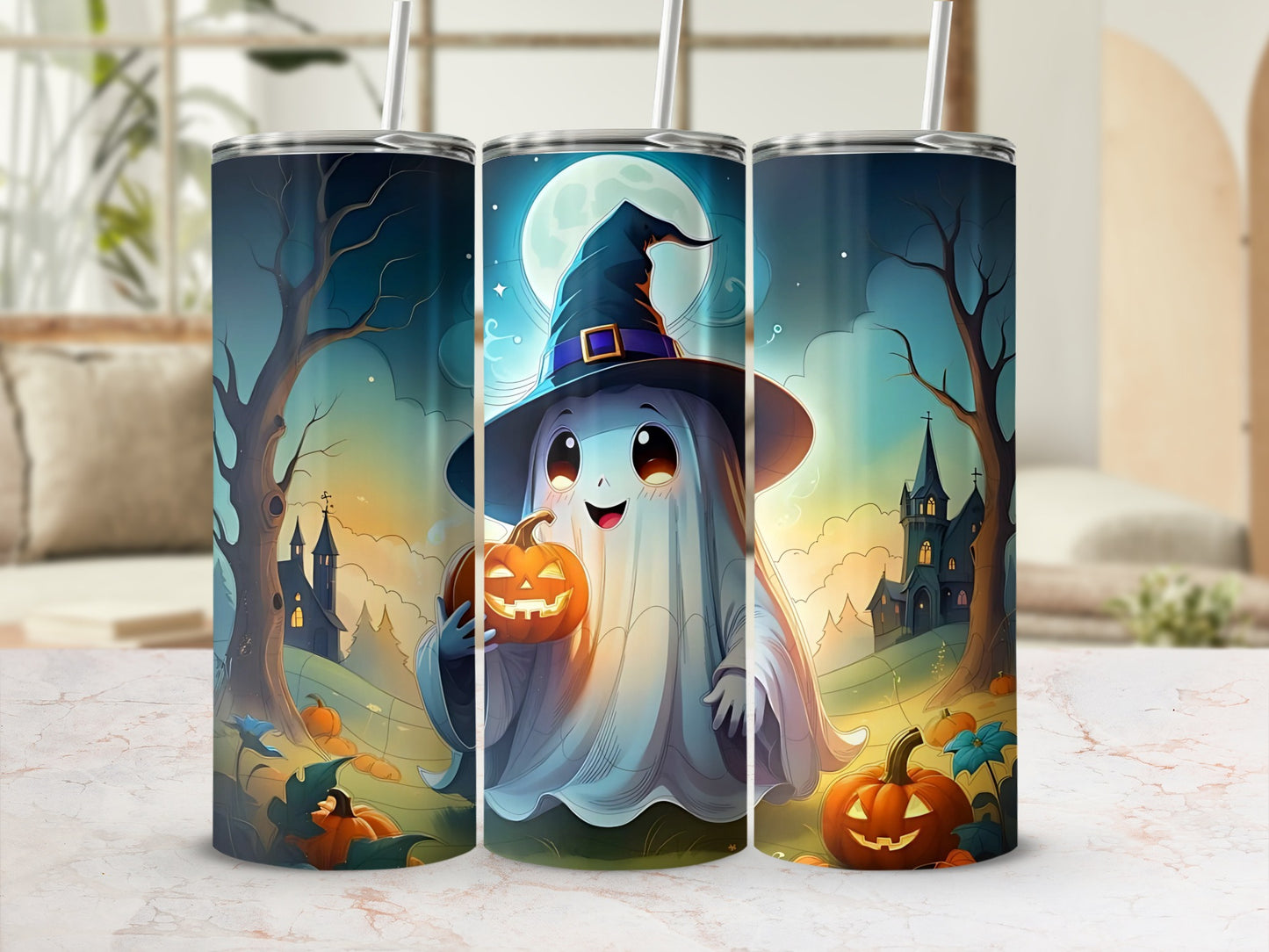 Three tumblers with a spooky cute ghost, pumpkins, and castles on a Halloween night.