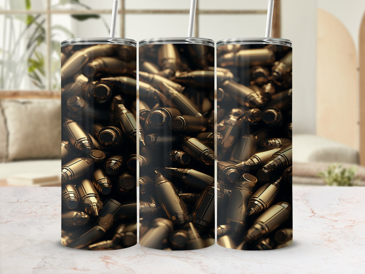 Three tumblers featuring a detailed pattern of gold ammunition casings.