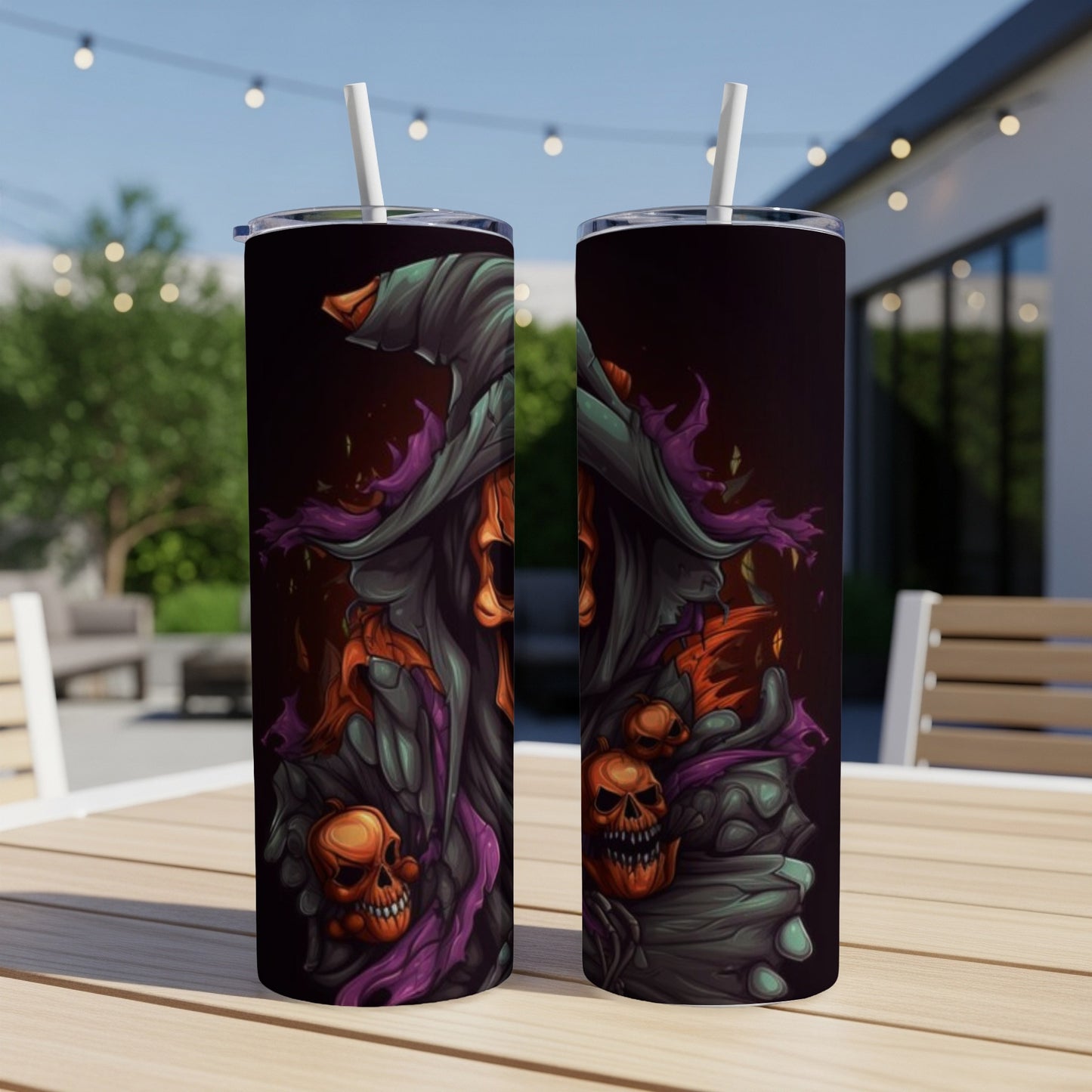 Two tumblers featuring a Halloween-themed grim reaper illustration with skulls.