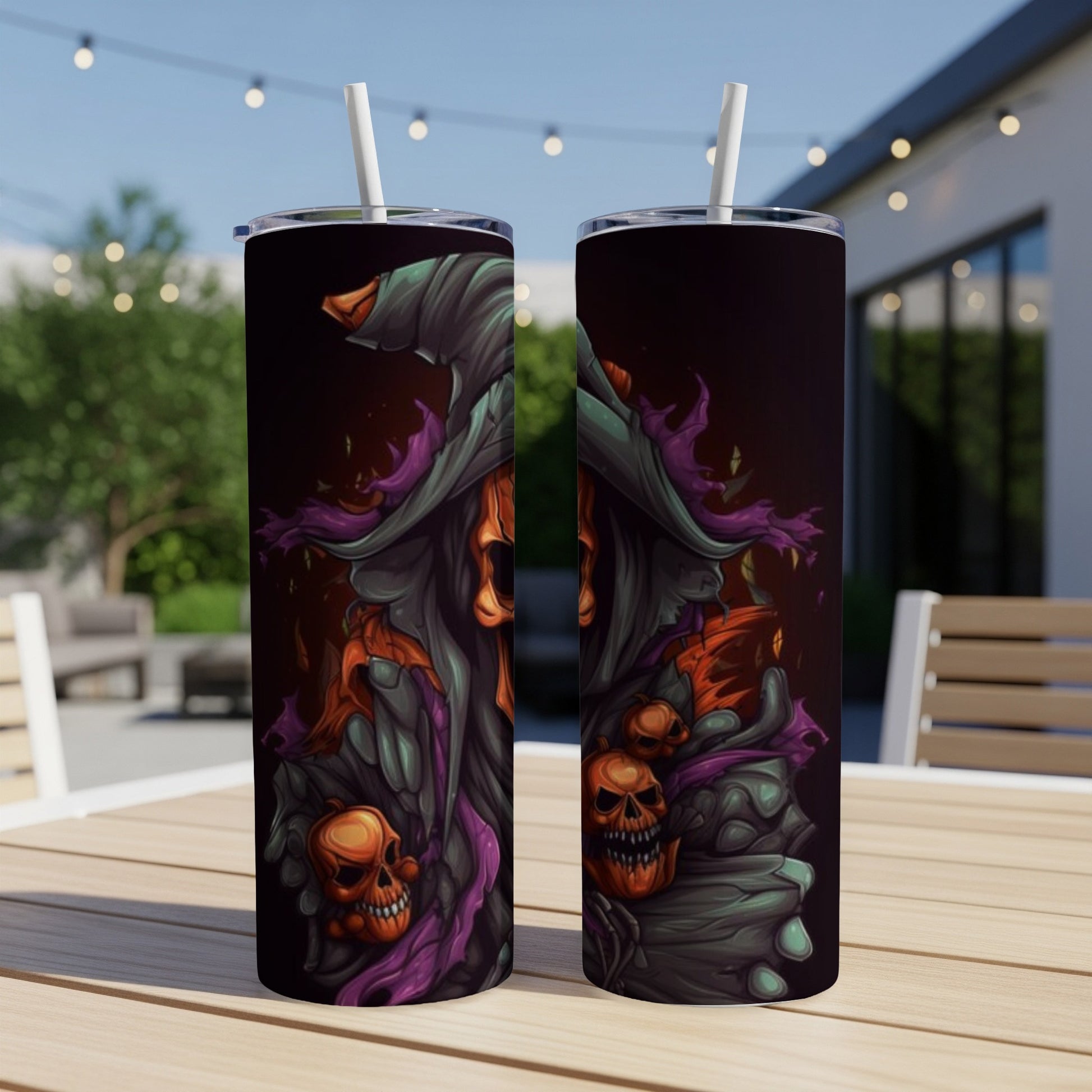 Two tumblers featuring a Halloween-themed grim reaper illustration with skulls.