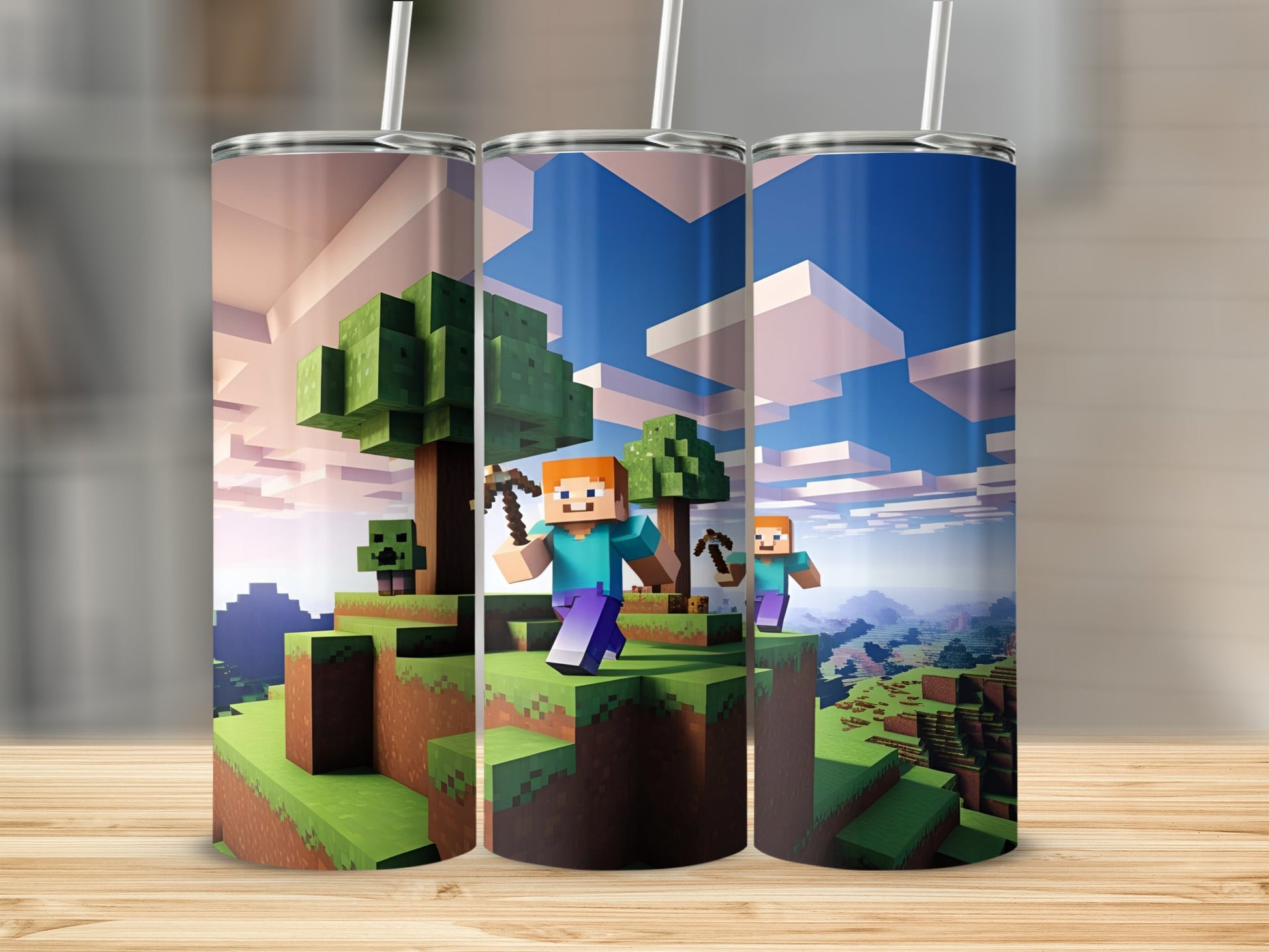 Minecraft characters and landscape on three tumblers.