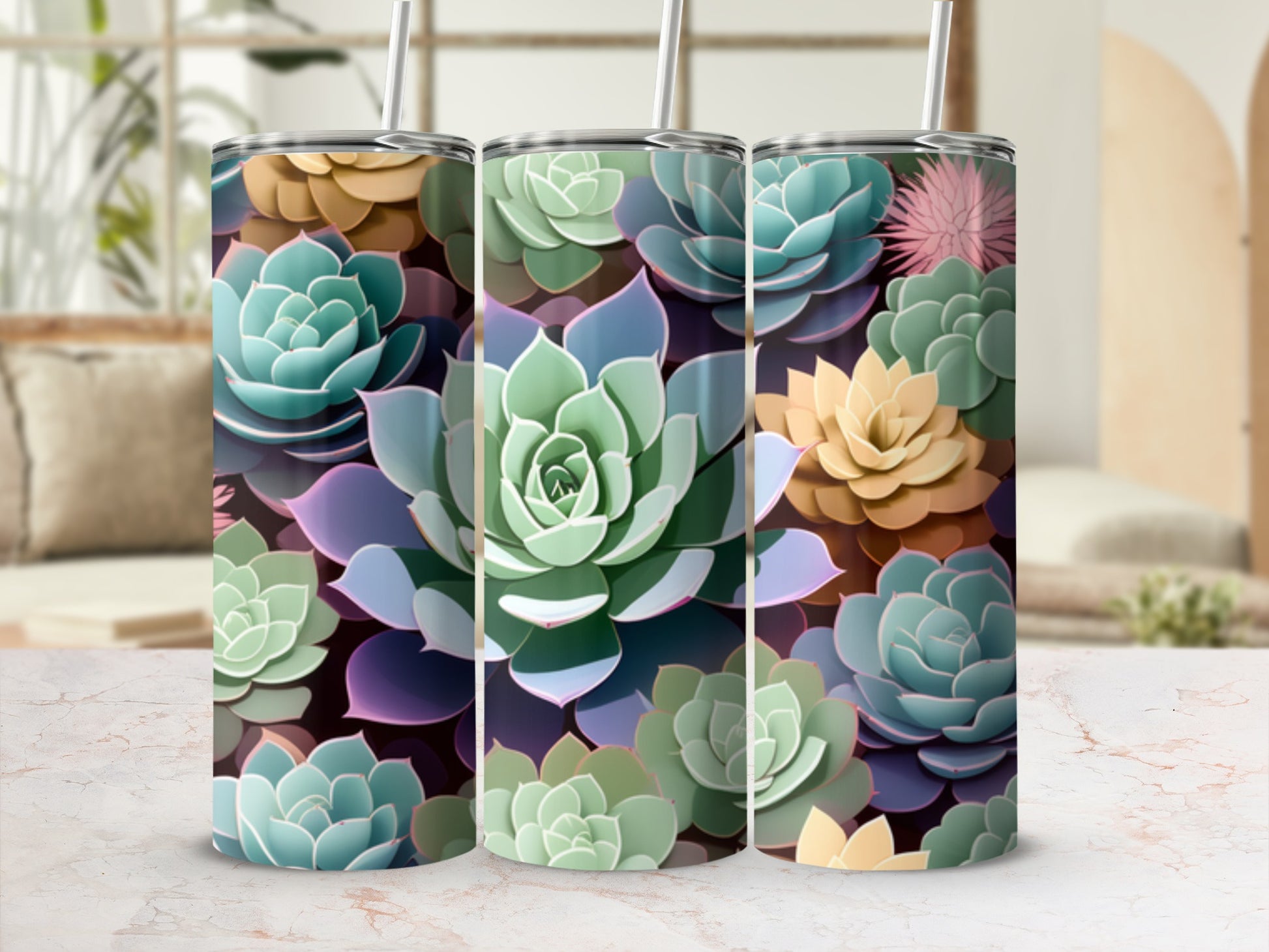 Tumbler with close-up pattern of colorful succulent plants.