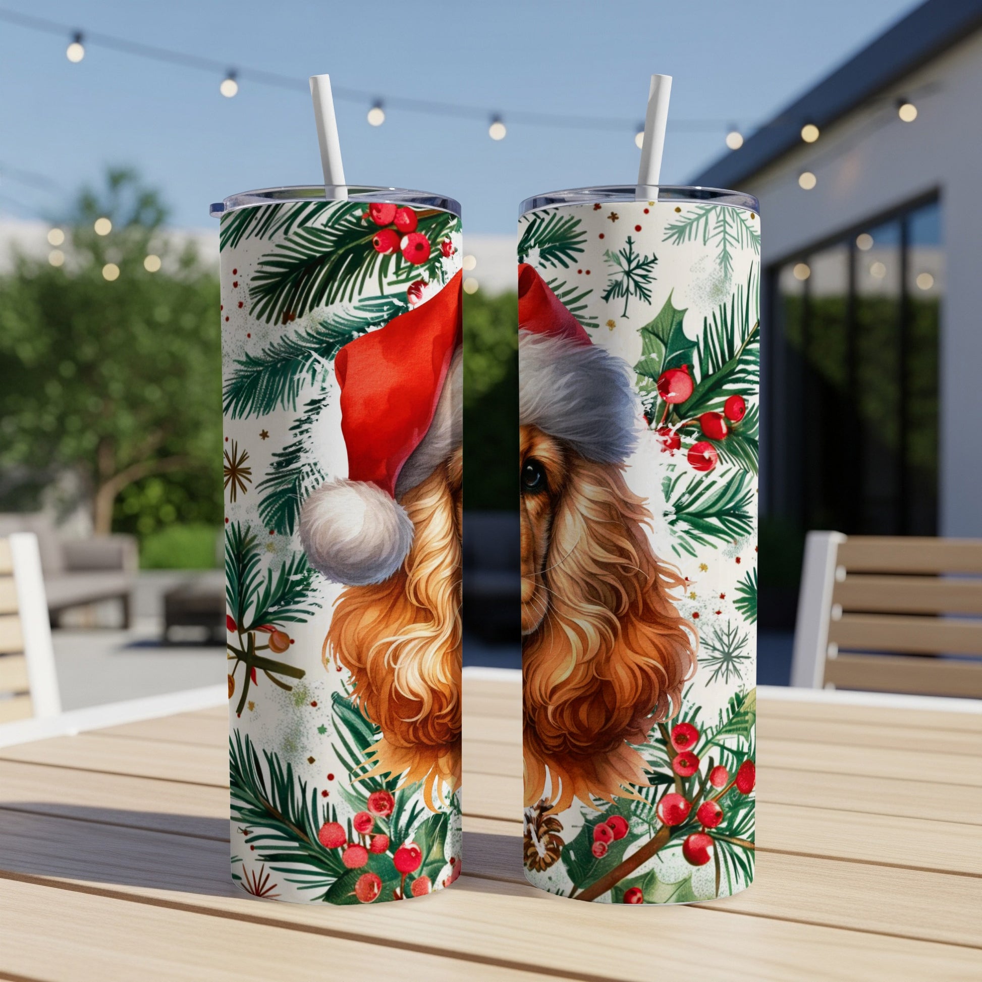 Christmas cocker spaniel design on two white tumblers with Santa hats.