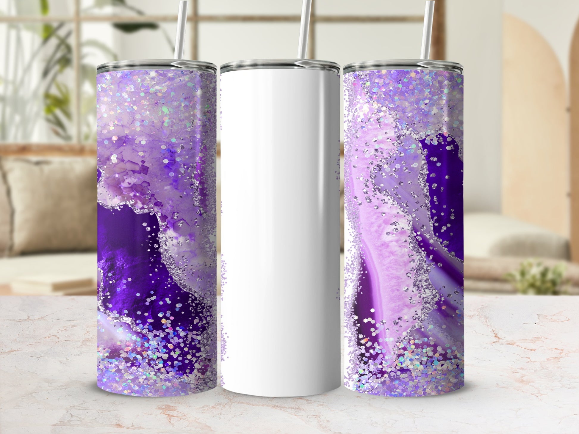 Two tumblers with purple agate and glitter patterns and one blank tumbler.