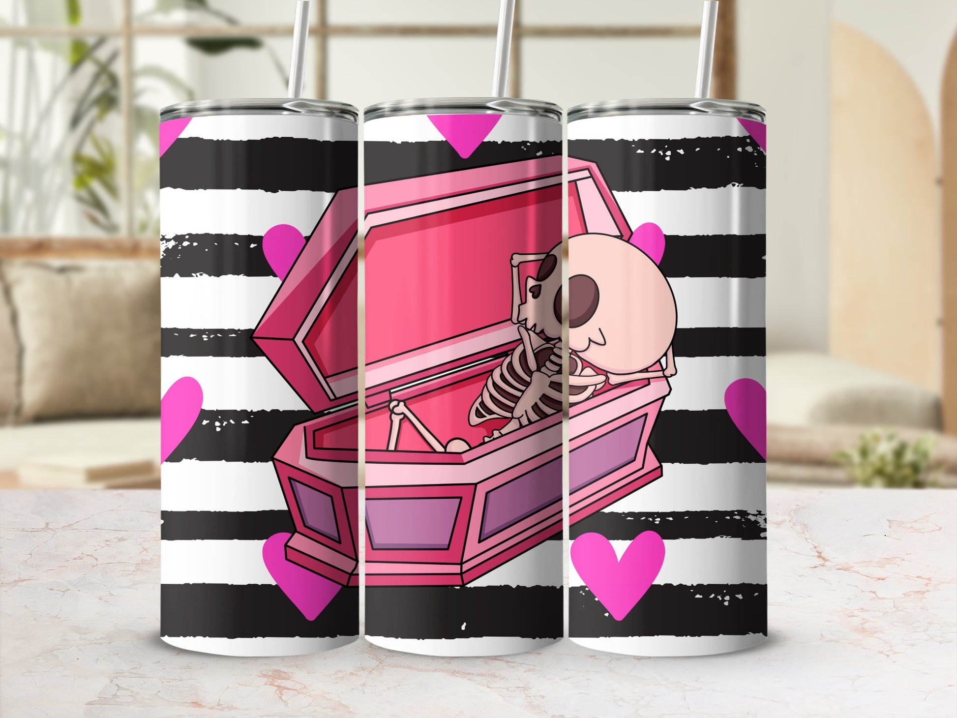 Skeleton in Coffin with Hearts Design Tumbler