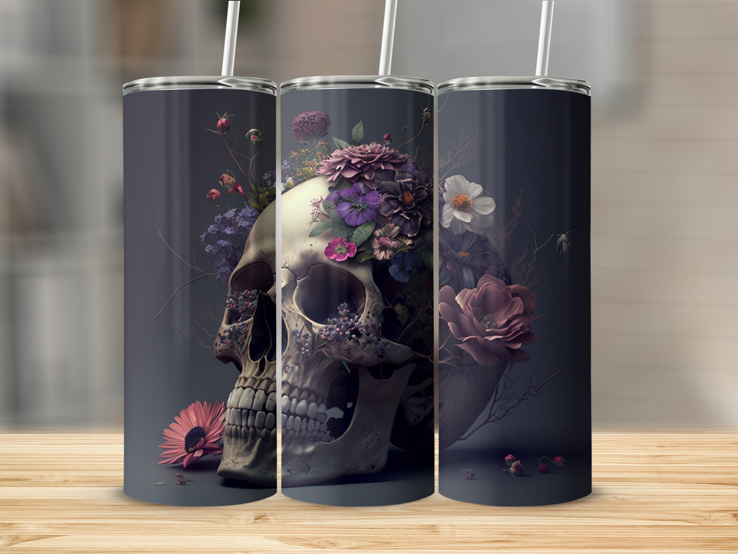 Floral Skull Art on Dark Background Tumbler