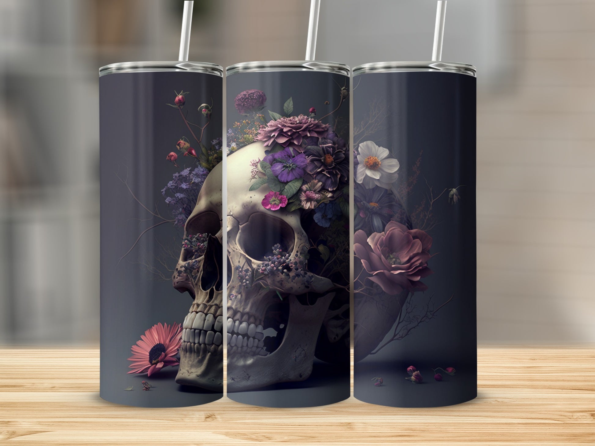 Floral Skull Art on Dark Background Tumbler