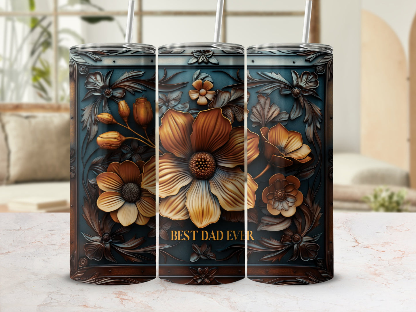 "Best Dad Ever" engraved on a decorative metallic tumbler with floral embellishments.