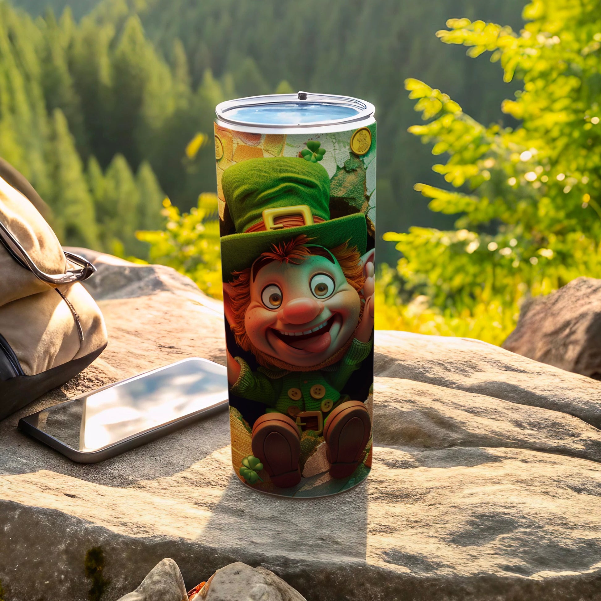 Leprechaun character on a green tumbler with a forest background.