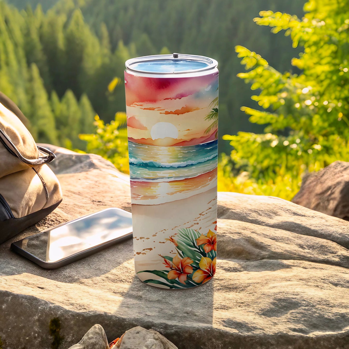 Beach sunset watercolor art on a white tumbler with tropical flowers.