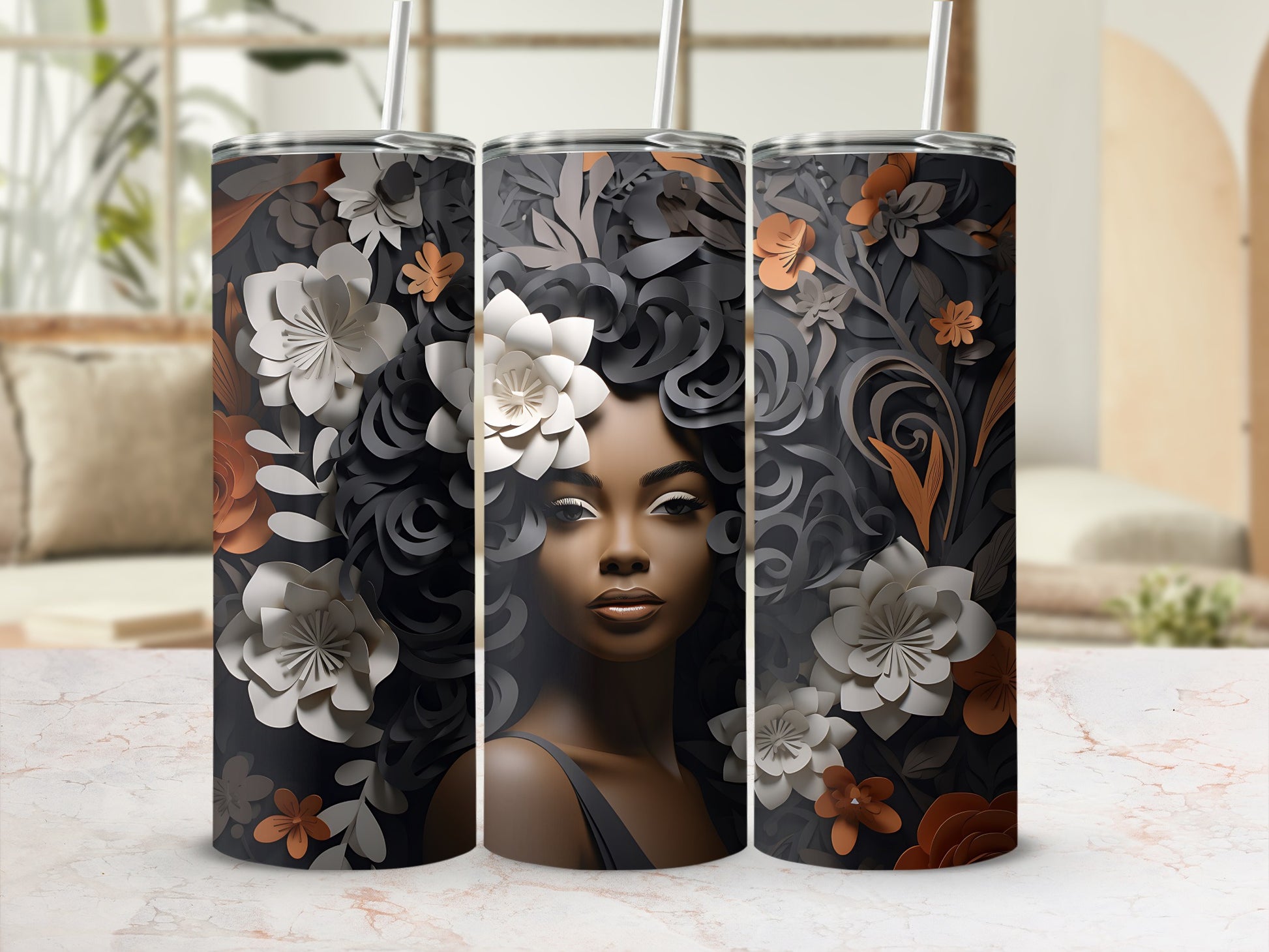 Tumbler with dark hair, floral accents, and a woman's face.