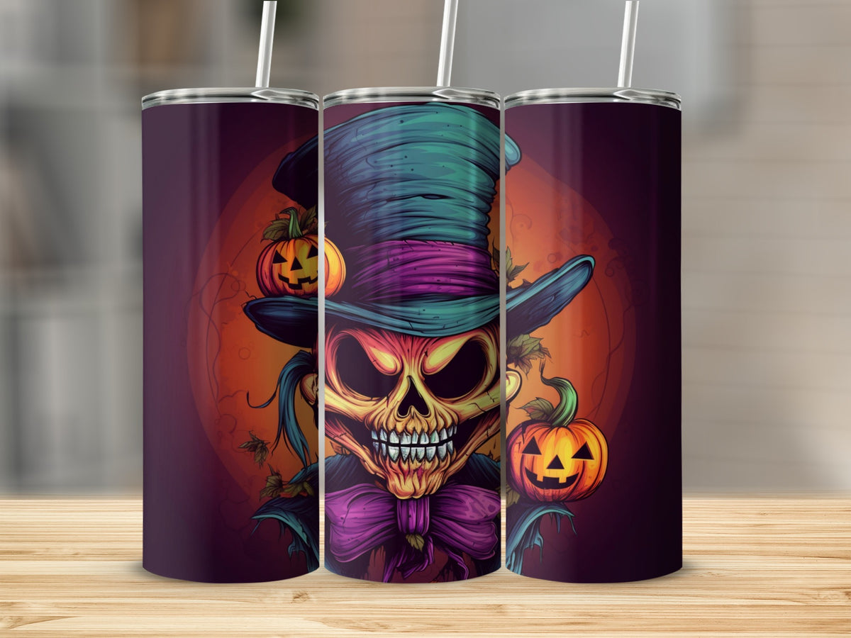 Three tumblers featuring a Halloween skeleton with a top hat and pumpkins.